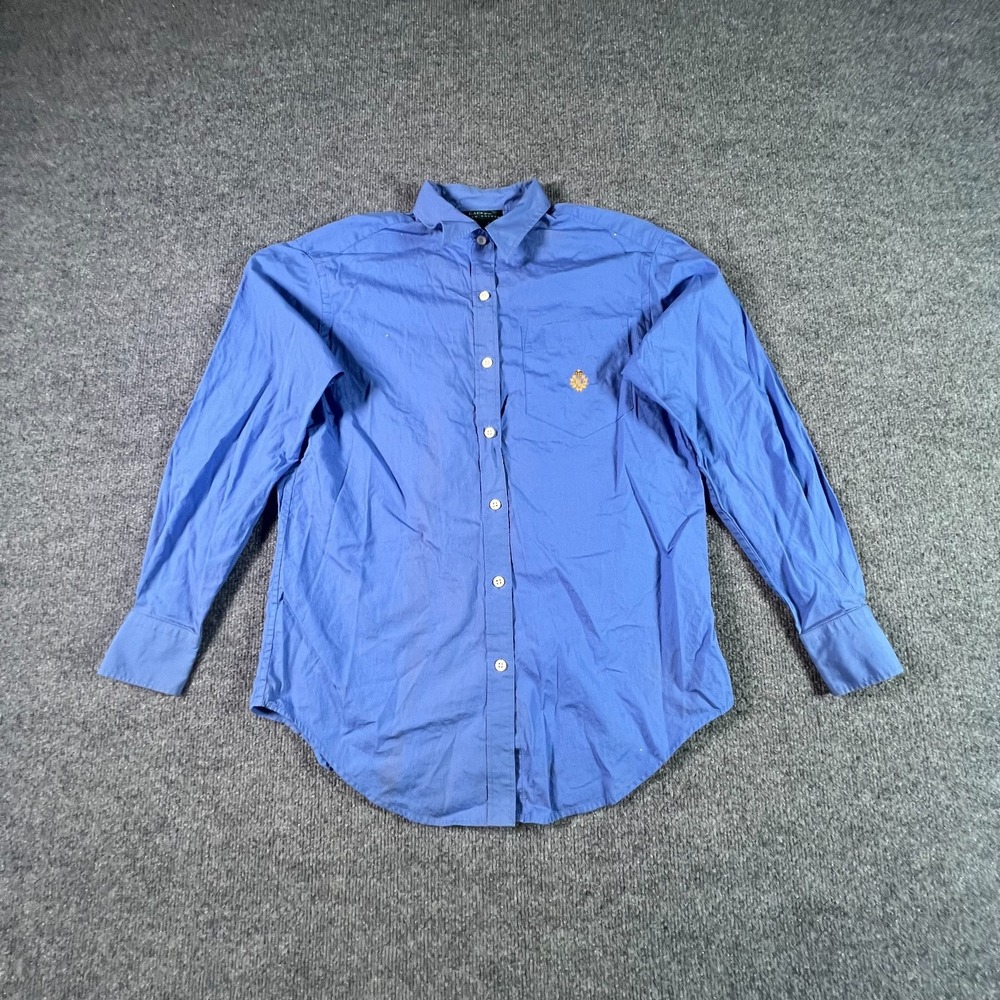 Lauren Ralph Lauren Shirt Womens S Blue Embroidered Crest Logo Button-Up Casual